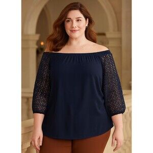 Talbots Plus Women's Size X Navy Blue Blouse Crochet Gothic  Laced 3/4 Sleeves